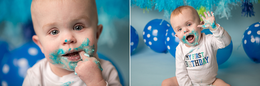 Little boy eating cake during photography cake smash session