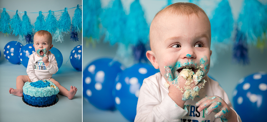 Little boy eating cake during photo session