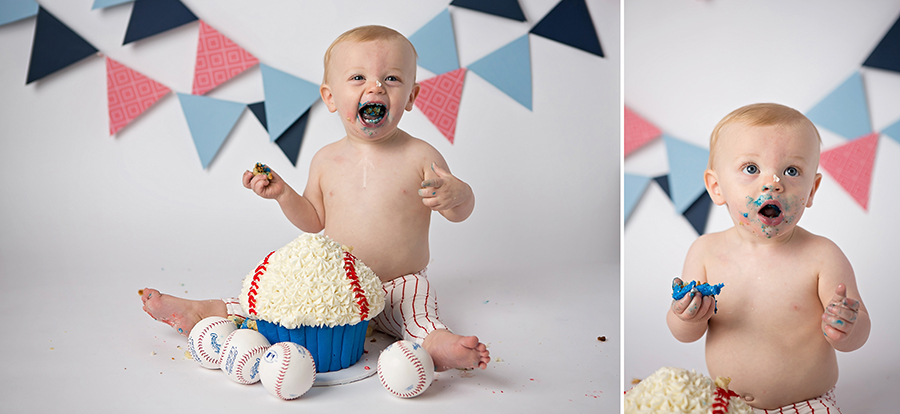Little boy smiling eating cake