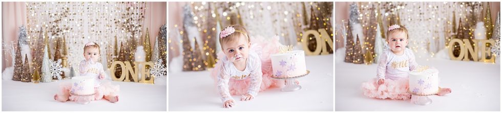 triptych of winter wonderland cake smash with baby girl